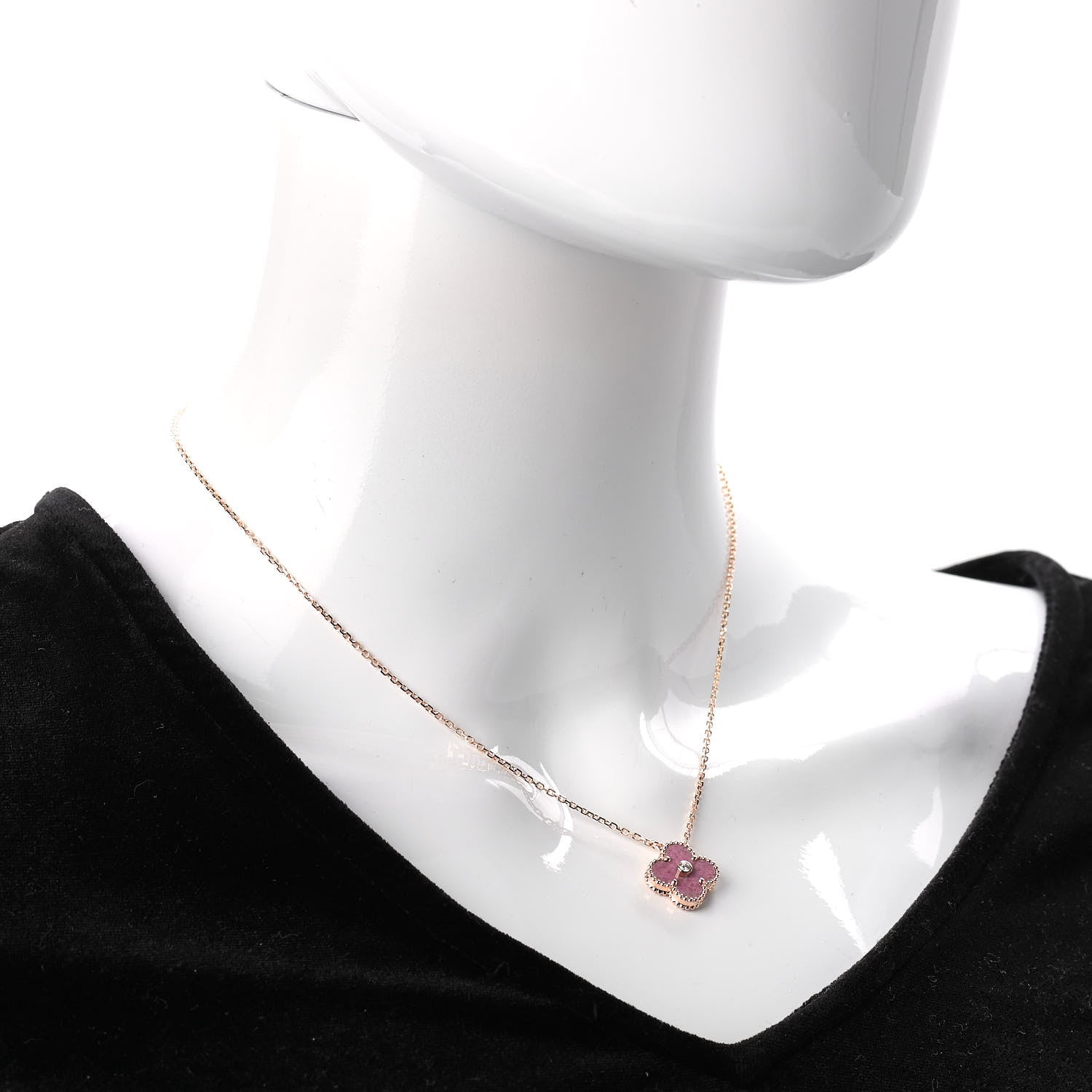 Van Cleef & Arpels 18K Rose Gold Diamond Rhodonite Vintage Alhambra Pendant Necklace 2 of 6