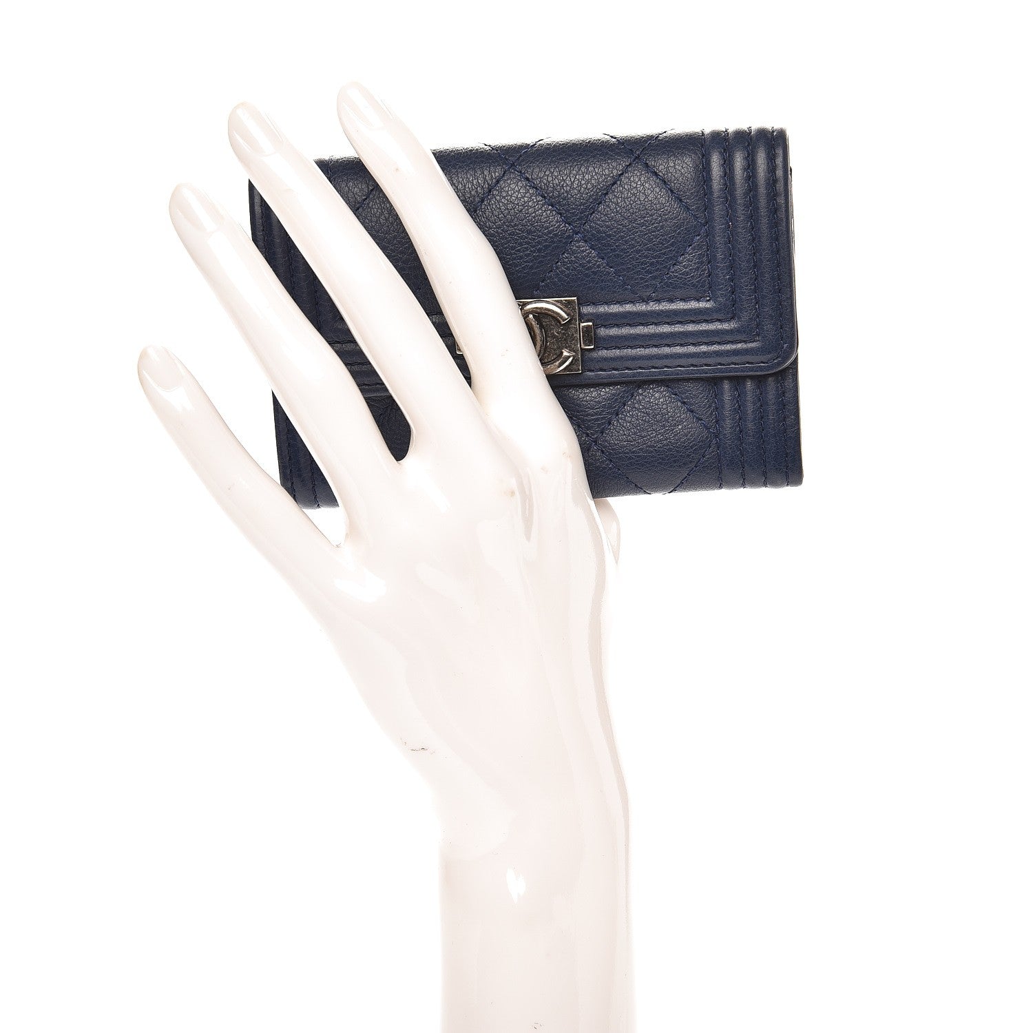 Chanel Grained Calfskin Quilted Boy Card Holder Wallet Dark Blue 2 of 7