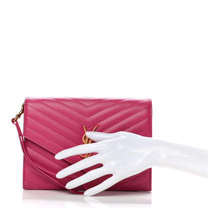Saint Laurent Grain De Poudre Matelasse Chevron Monogram Envelope Clutch Fresh Fuxia 2 of 9