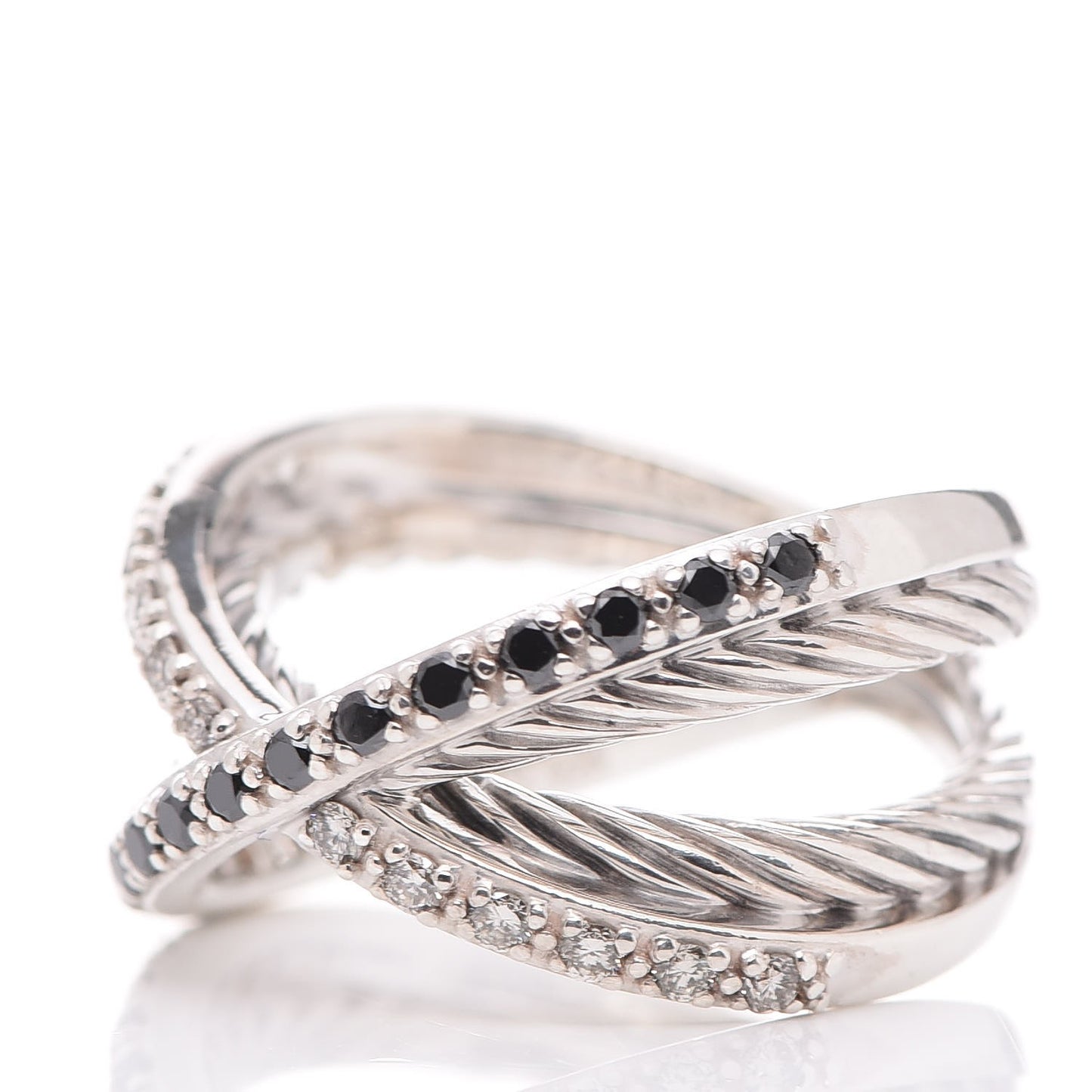Sterling Silver Black White Diamond X Crossover Cable Ring 57 8