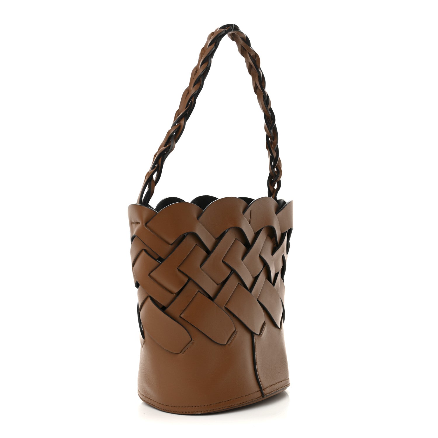 Prada Vitello Intreccio Tress Bucket Bag Cognac Black 4 of 14