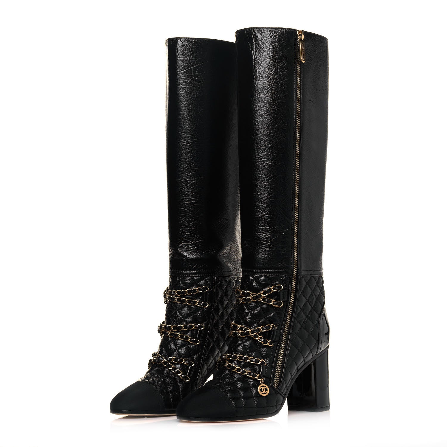 Chanel Lambskin Grosgrain Patent Chained High Boots 37.5 Black 3 of 8