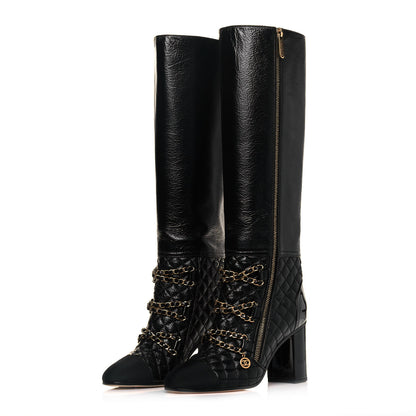Chanel Lambskin Grosgrain Patent Chained High Boots 37.5 Black 3 of 8