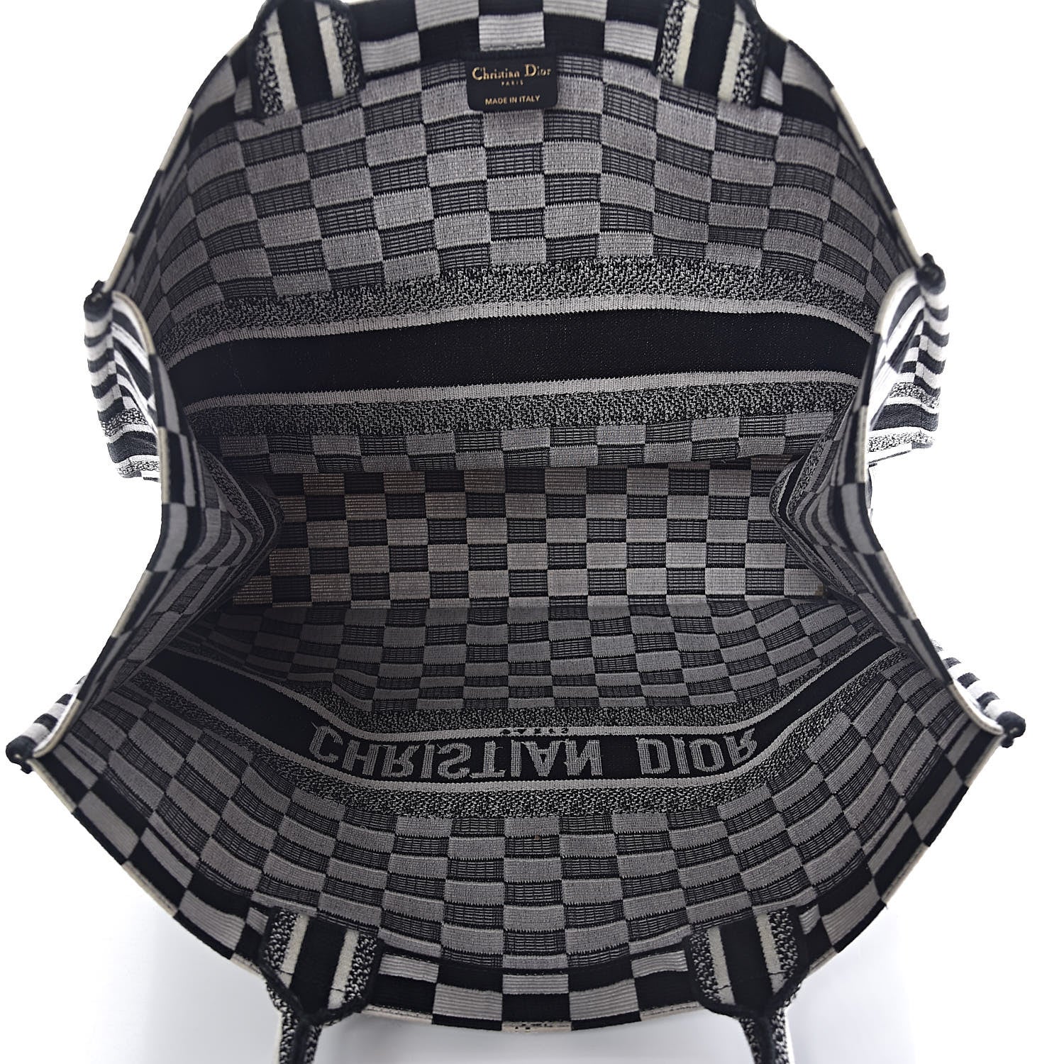 Christian Dior Canvas Embroidered Checkered Book Tote Black White 5 of 12