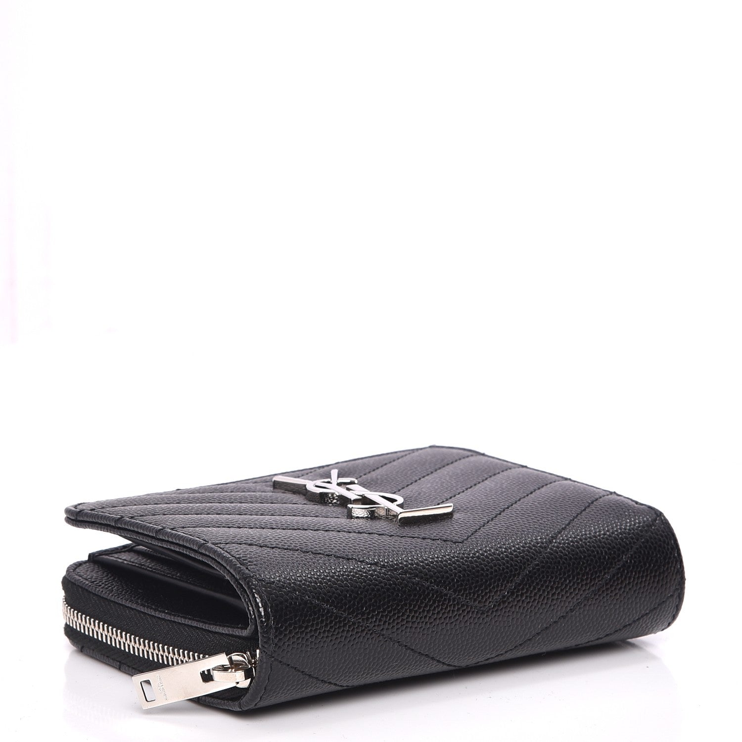 Saint Laurent Grain De Poudre Matelasse Chevron Monogram Compact Zip Around Wallet Black 4 of 9