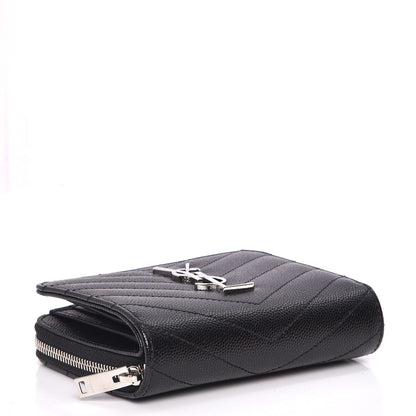Saint Laurent Grain De Poudre Matelasse Chevron Monogram Compact Zip Around Wallet Black 4 of 9