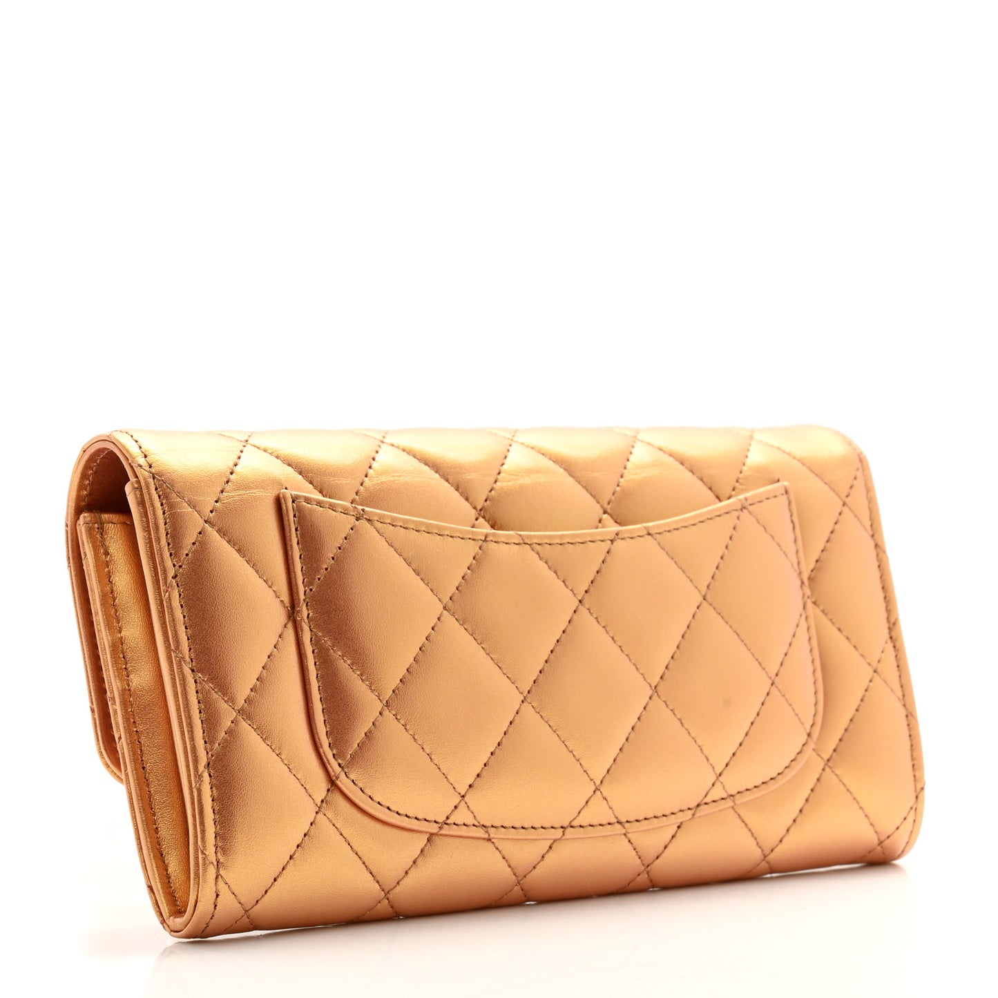 Metallic Lambskin Quilted Large Gusset Flap Wallet Golden