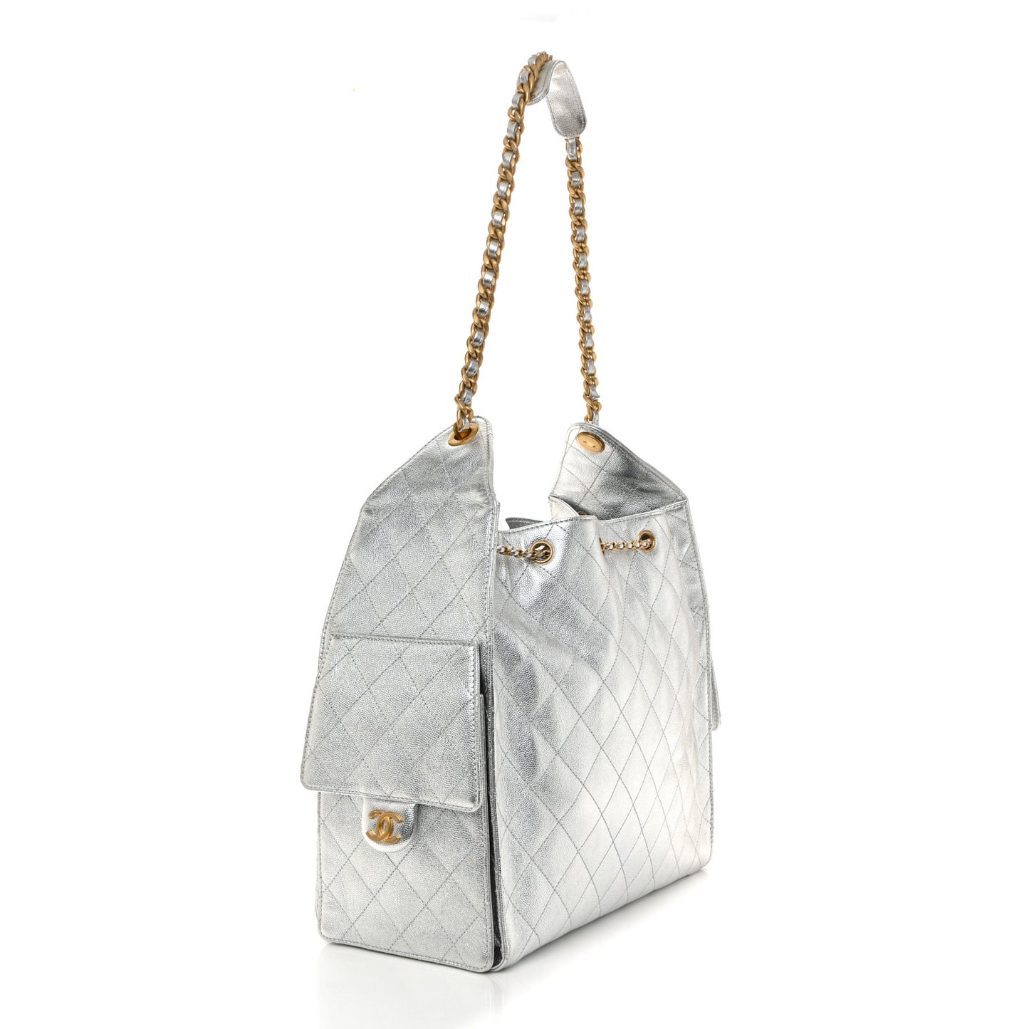 Metallic Caviar Quilted Medium Chanel 25 Handbag Silver