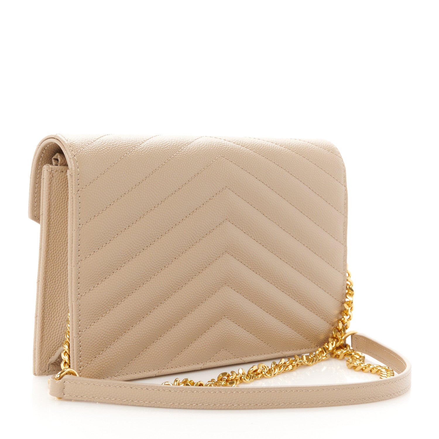 Saint Laurent Grain De Poudre Matelasse Chevron Monogram Envelope Chain Wallet Dark Beige 3 of 10