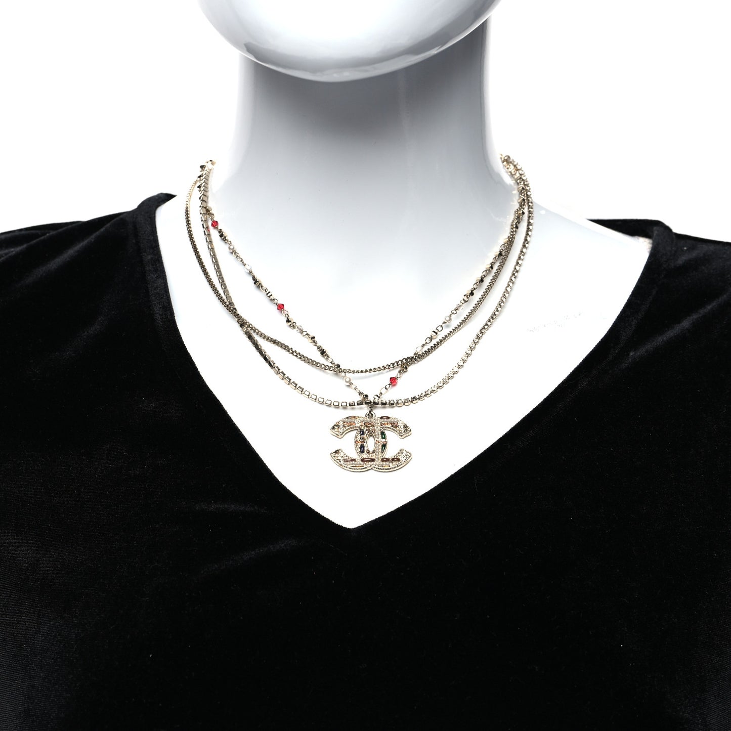 Crystal Pearl Tweed Effect Multi Strand CC Short Necklace Gold Red Green