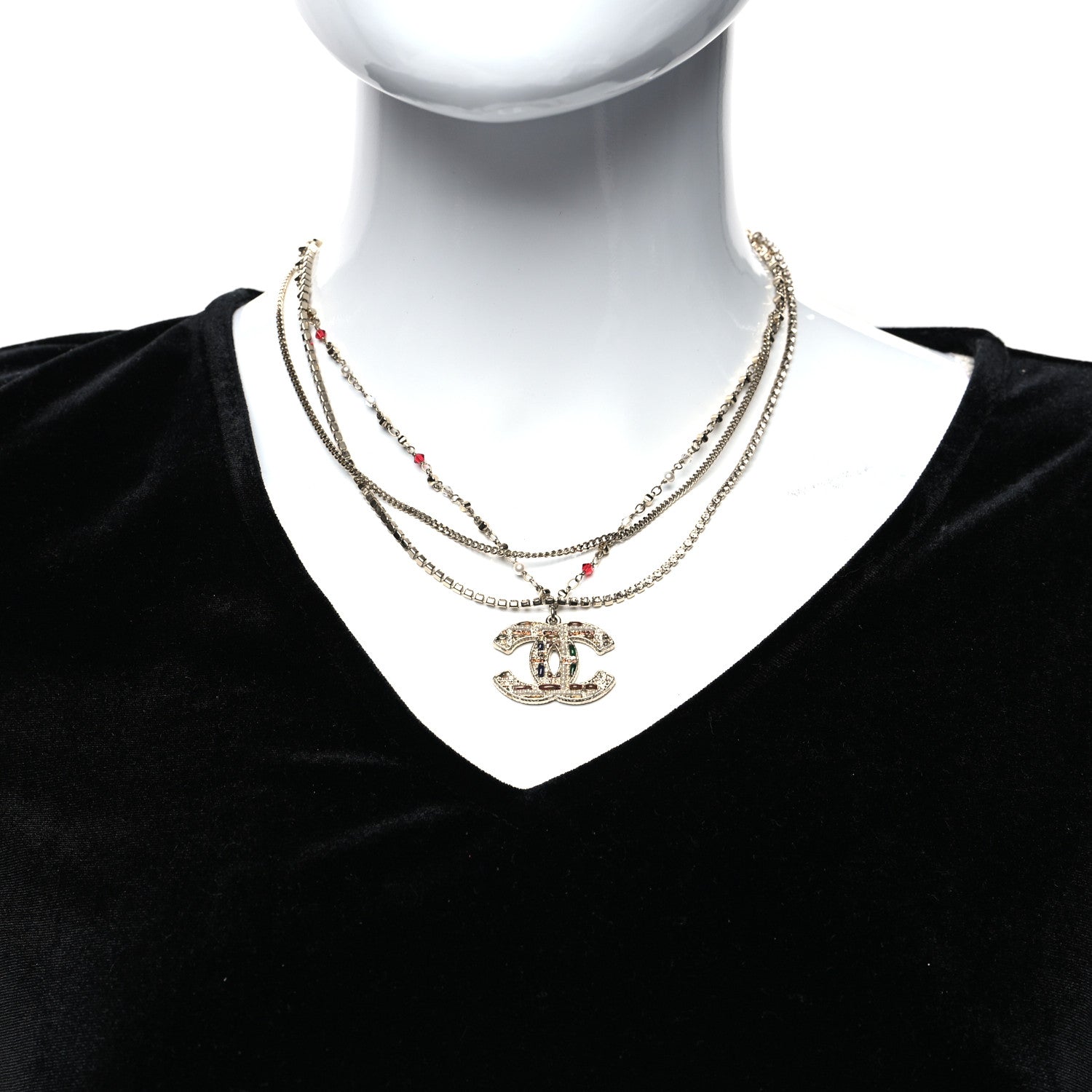 Chanel Crystal Pearl Tweed Effect Multi Strand CC Short Necklace Gold Red Green 2 of 5