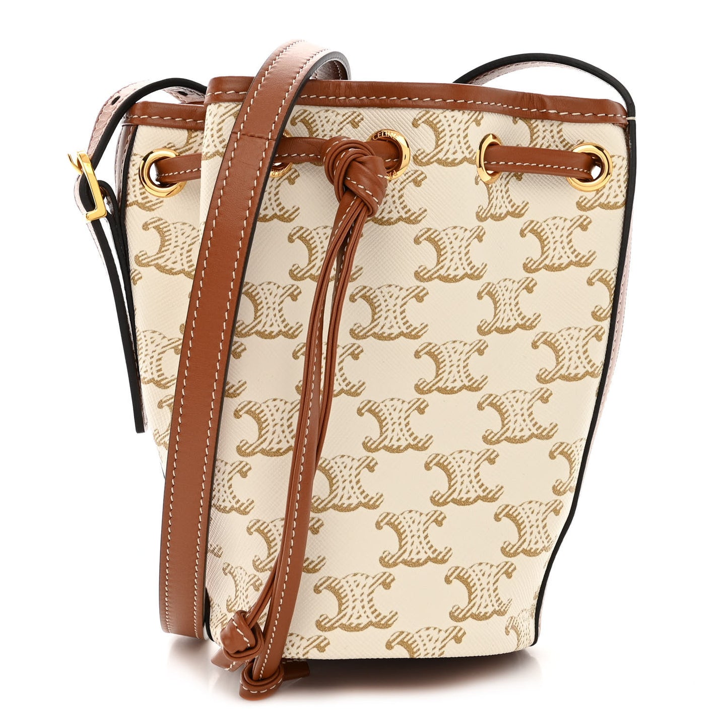 Triomphe Canvas Calfskin Micro Drawstring Bucket Bag White Tan