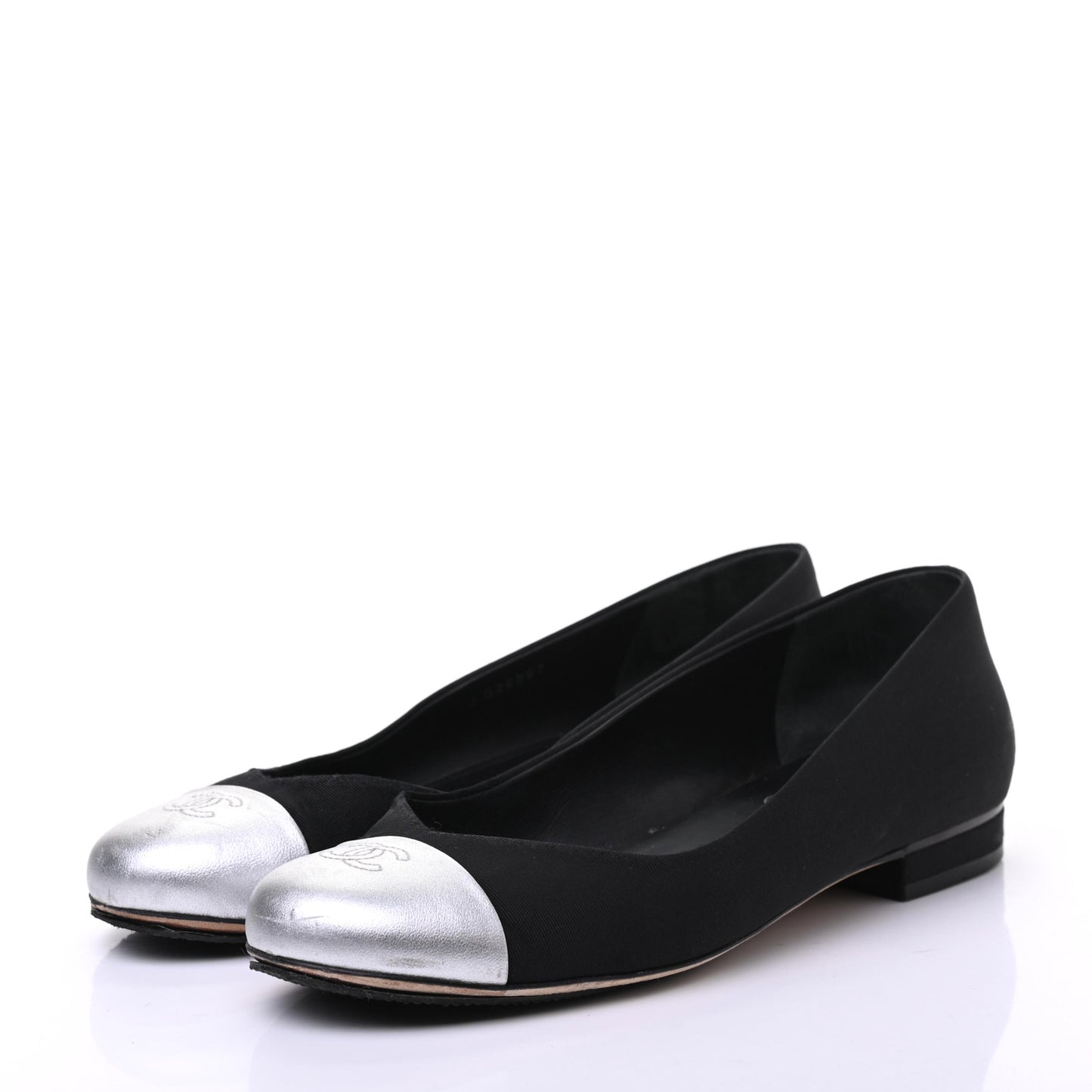 Grosgrain Metallic Lambskin Cap Toe CC Ballerina Flats 37.5 Black Silver