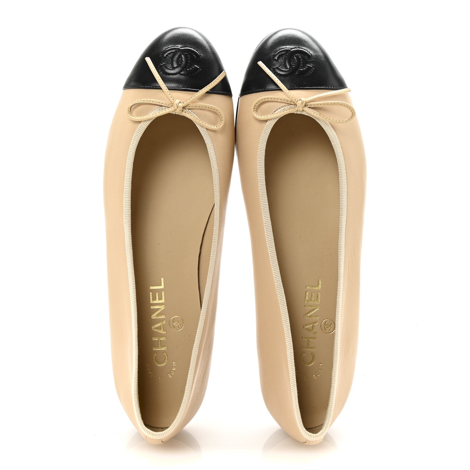 Chanel Lambskin Cap Toe CC Ballerina Flats 39.5 Beige Black 2 of 9