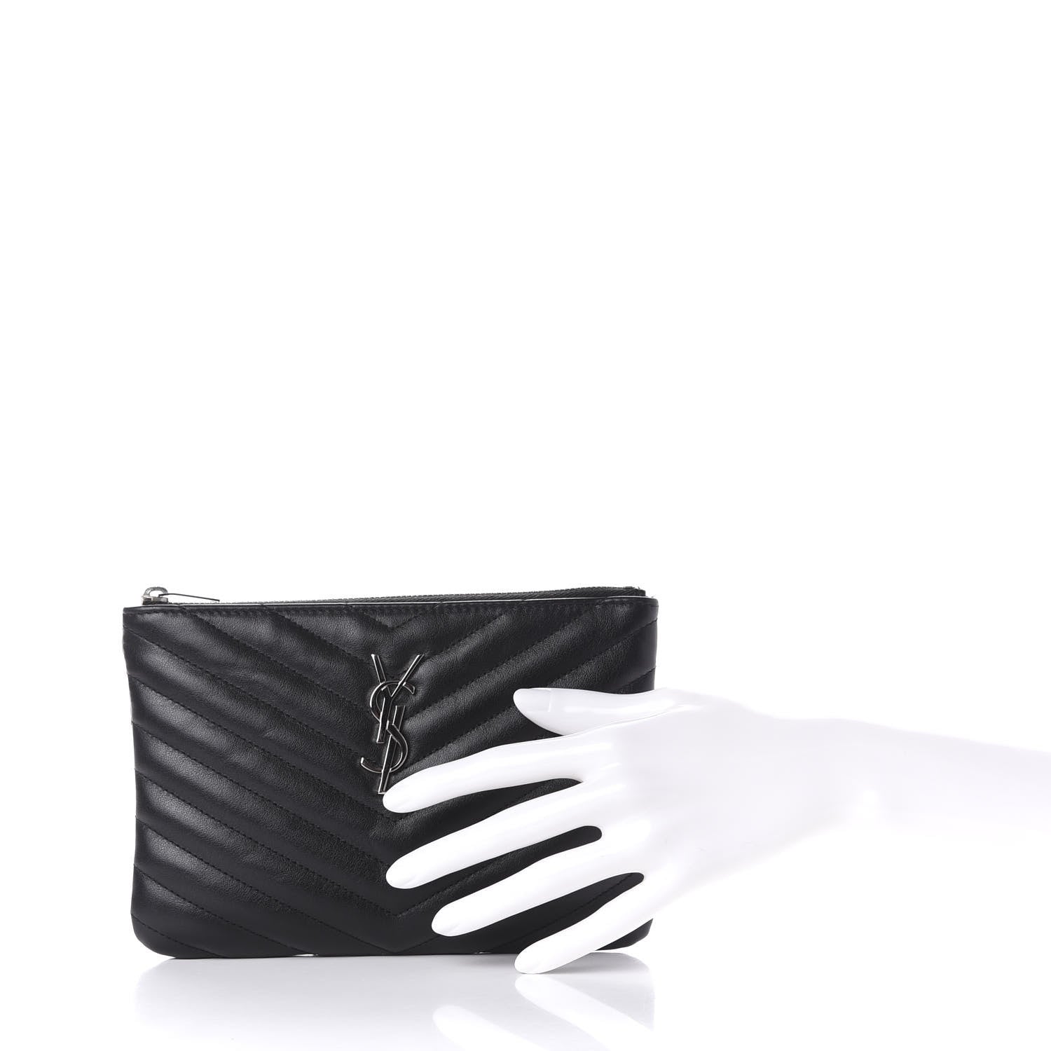 Saint Laurent Calfskin Matelasse Chevron Monogram Pouch Black 2 of 8