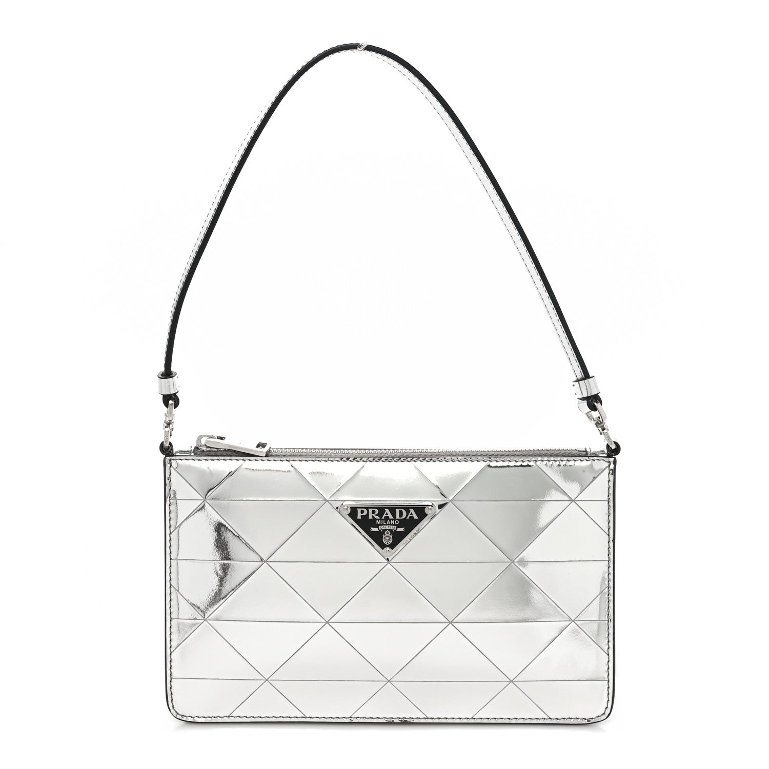 Prada Spazzolato Metal Triangle Logo Triangle Patterned Mini Shoulder Bag Argento 1 of 9