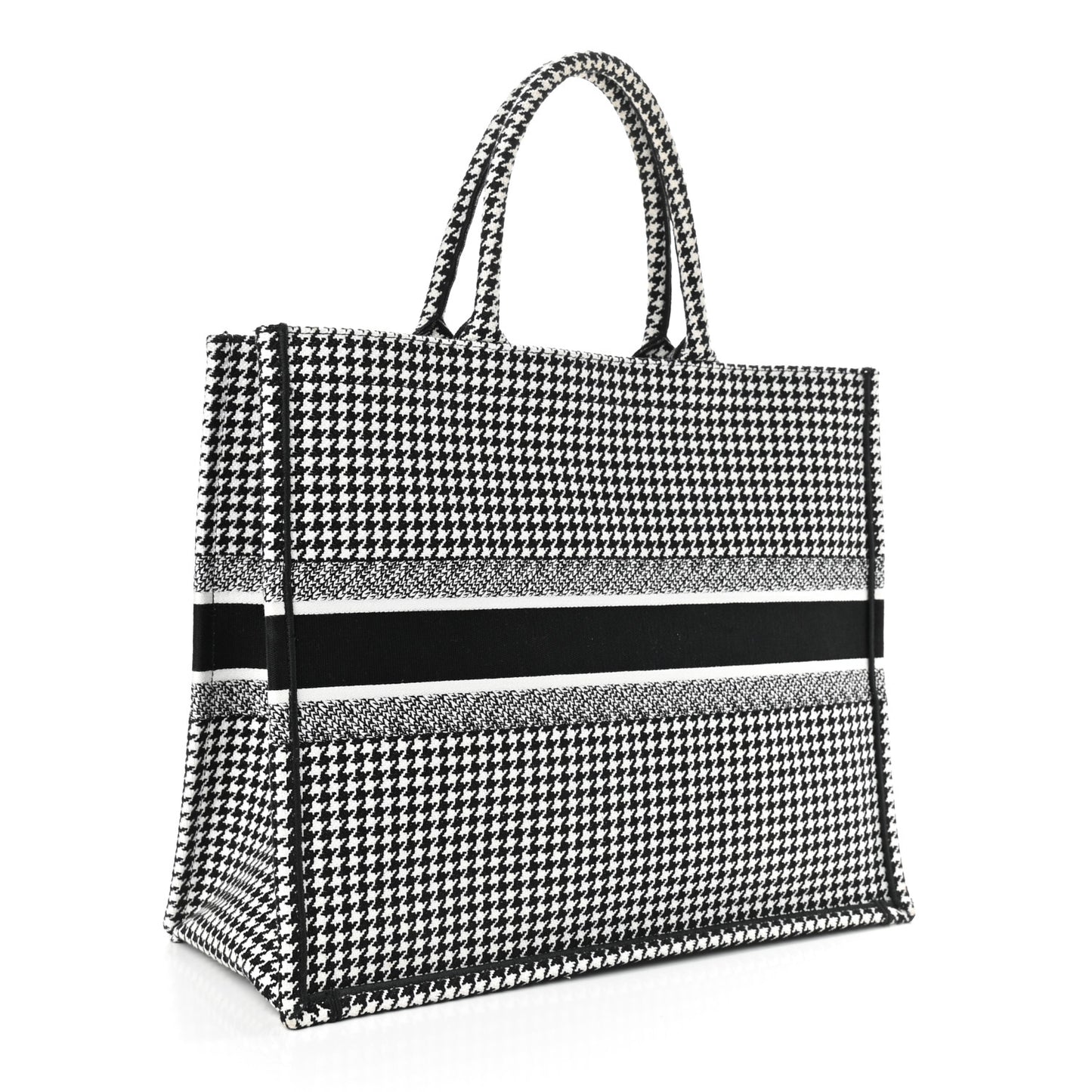 Canvas Houndstooth Embroidered Book Tote Black White