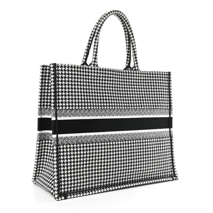 Christian Dior Canvas Houndstooth Embroidered Book Tote Black White 3 of 10