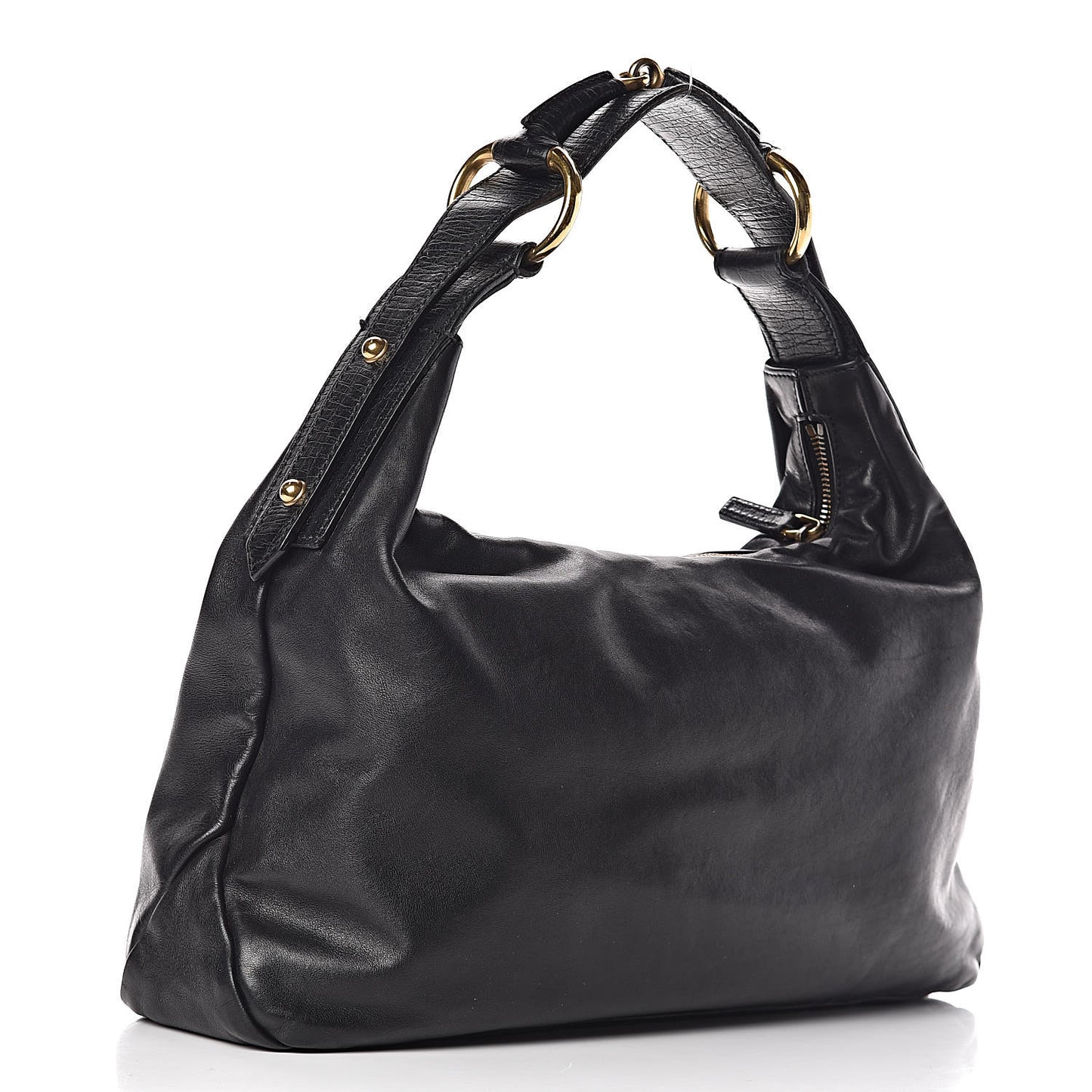 Calfskin Medium Horsebit Chain Hobo Black