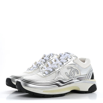 Chanel Fabric Laminated Calfskin Stretch CC Sneakers 37 White Silver 4 of 17