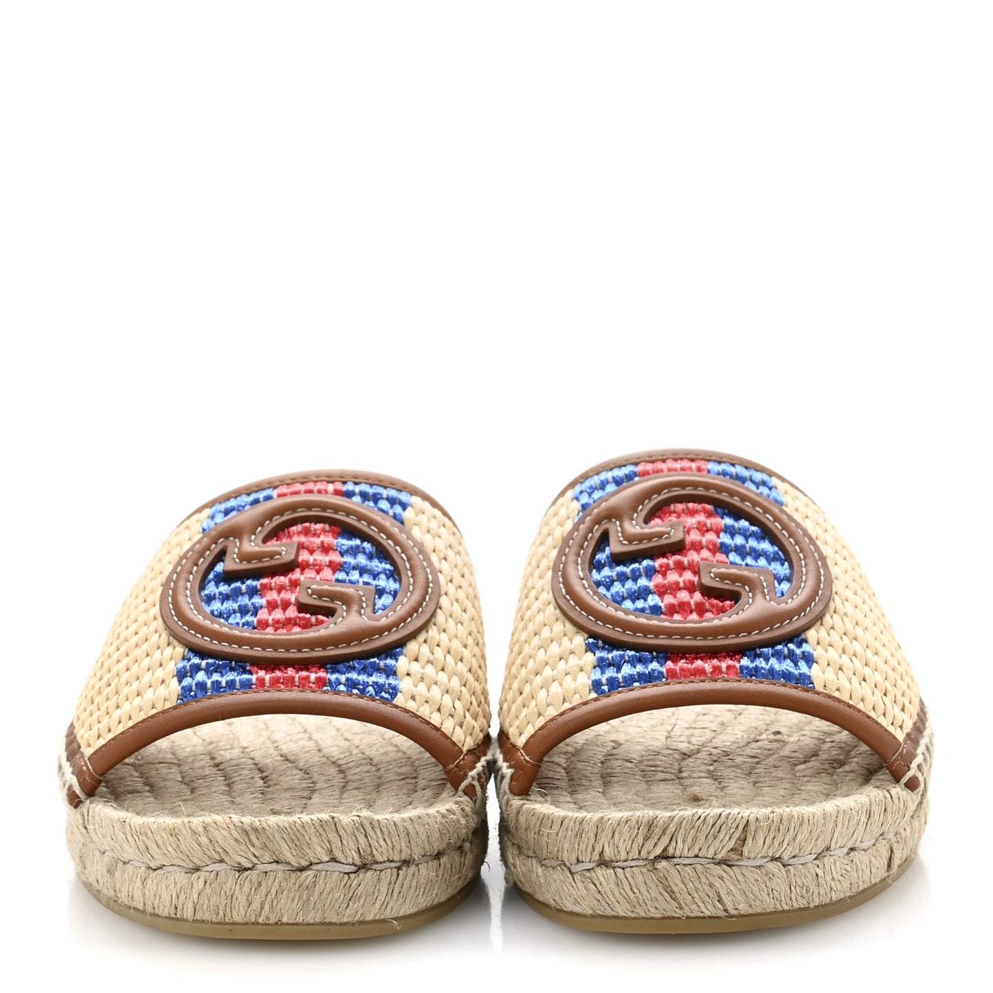 Raffia Interlocking G Flat Slide Espadrille Sandals 40  Natural Harness Brown