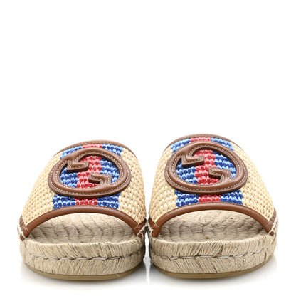 Gucci Raffia Interlocking G Flat Slide Espadrille Sandals 40  Natural Harness Brown 3 of 11