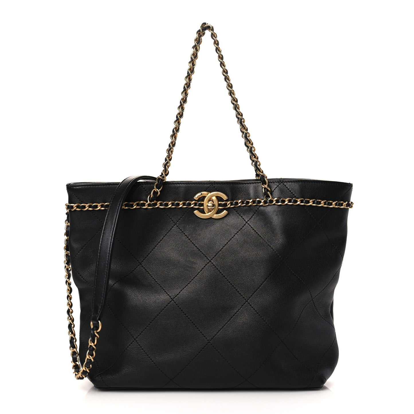 Calfskin Stitched Small Shopping Tote Black