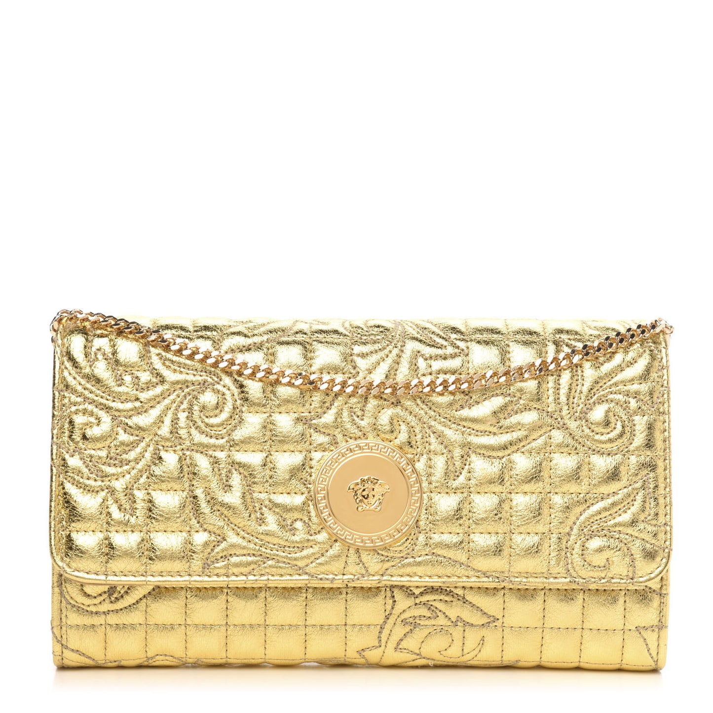 Metallic Nappa Barocco Quilted Wallet On Chain Crossbody Gold