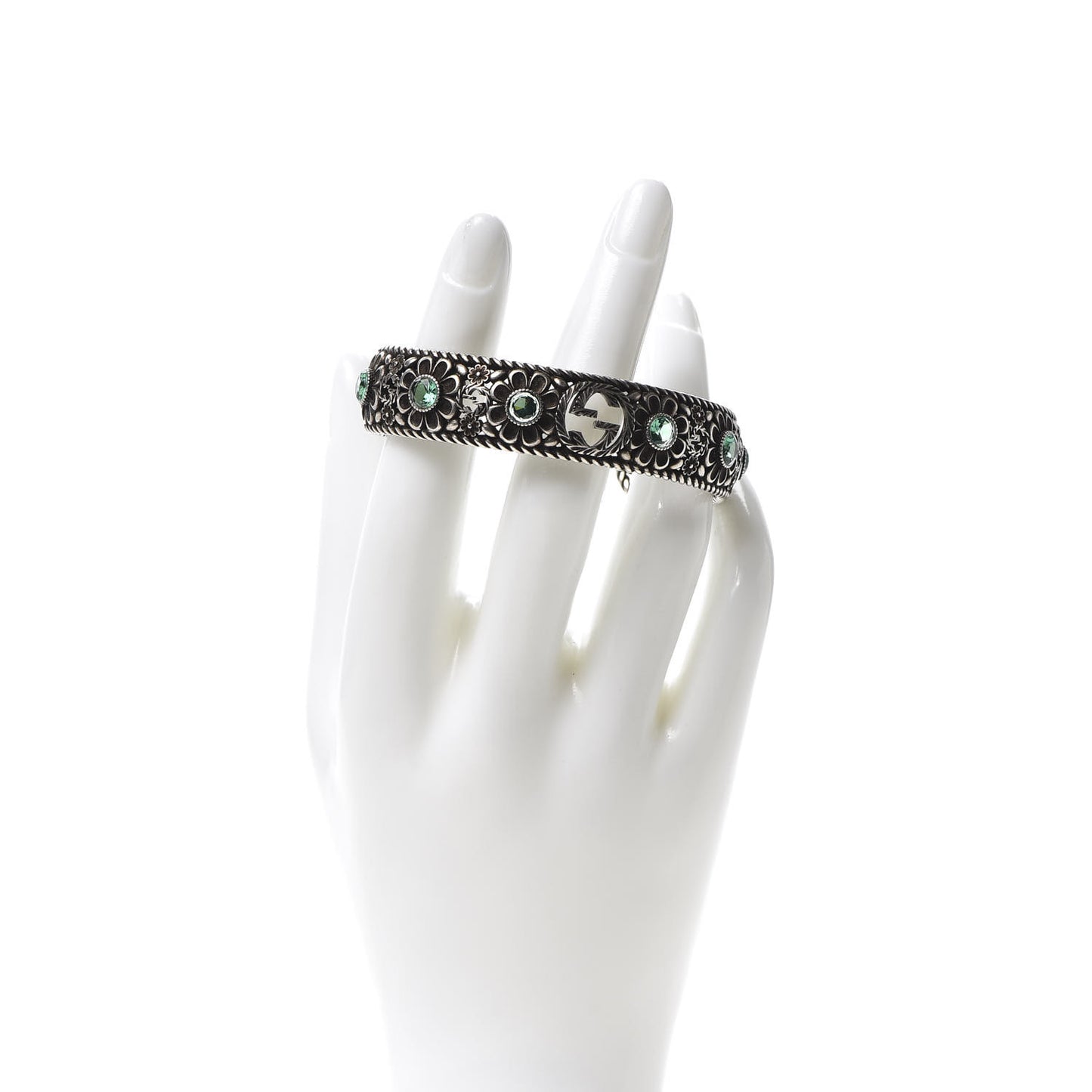Sterling Silver Crystal Garden Interlocking G Cuff Bracelet Green