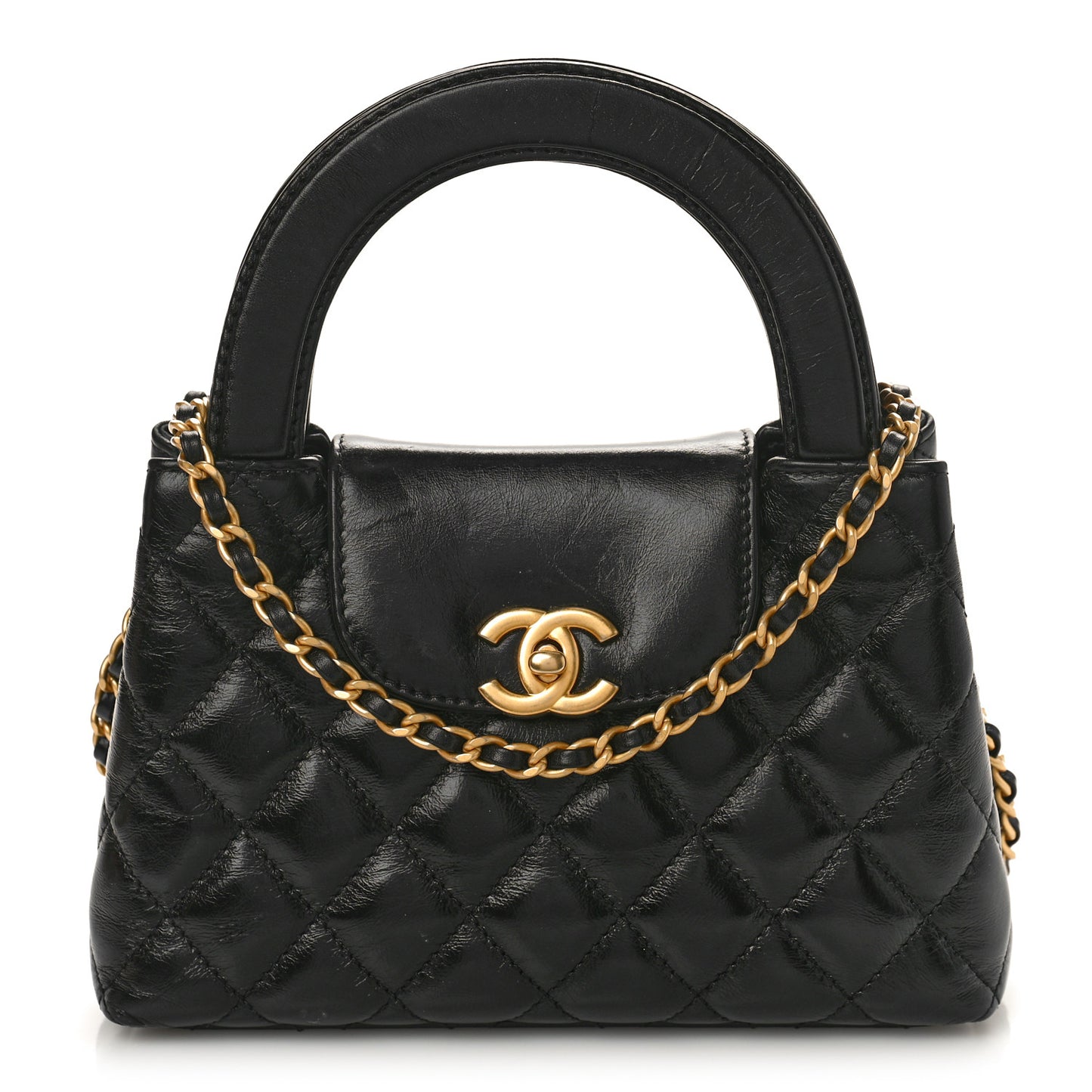 Shiny Aged Calfskin Quilted Nano Kelly Shopper Black