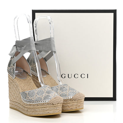 Gucci Lame GG Monogram Ankle Wrap Platform Espadrille Wedges 38 Silver Beige Light Grey 9 of 9