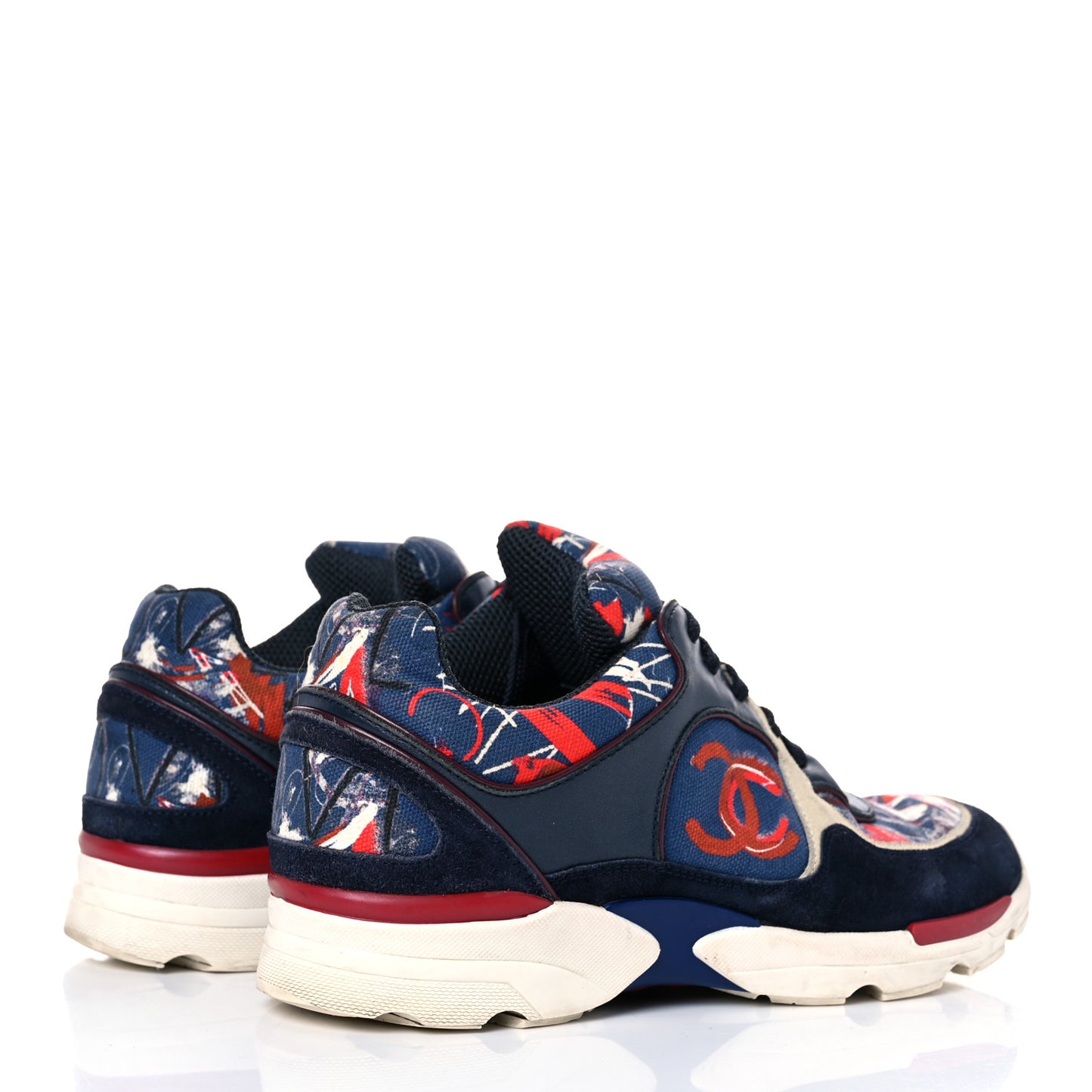 Canvas Suede Calfskin Womens CC Sneakers 35.5 Navy Red Black