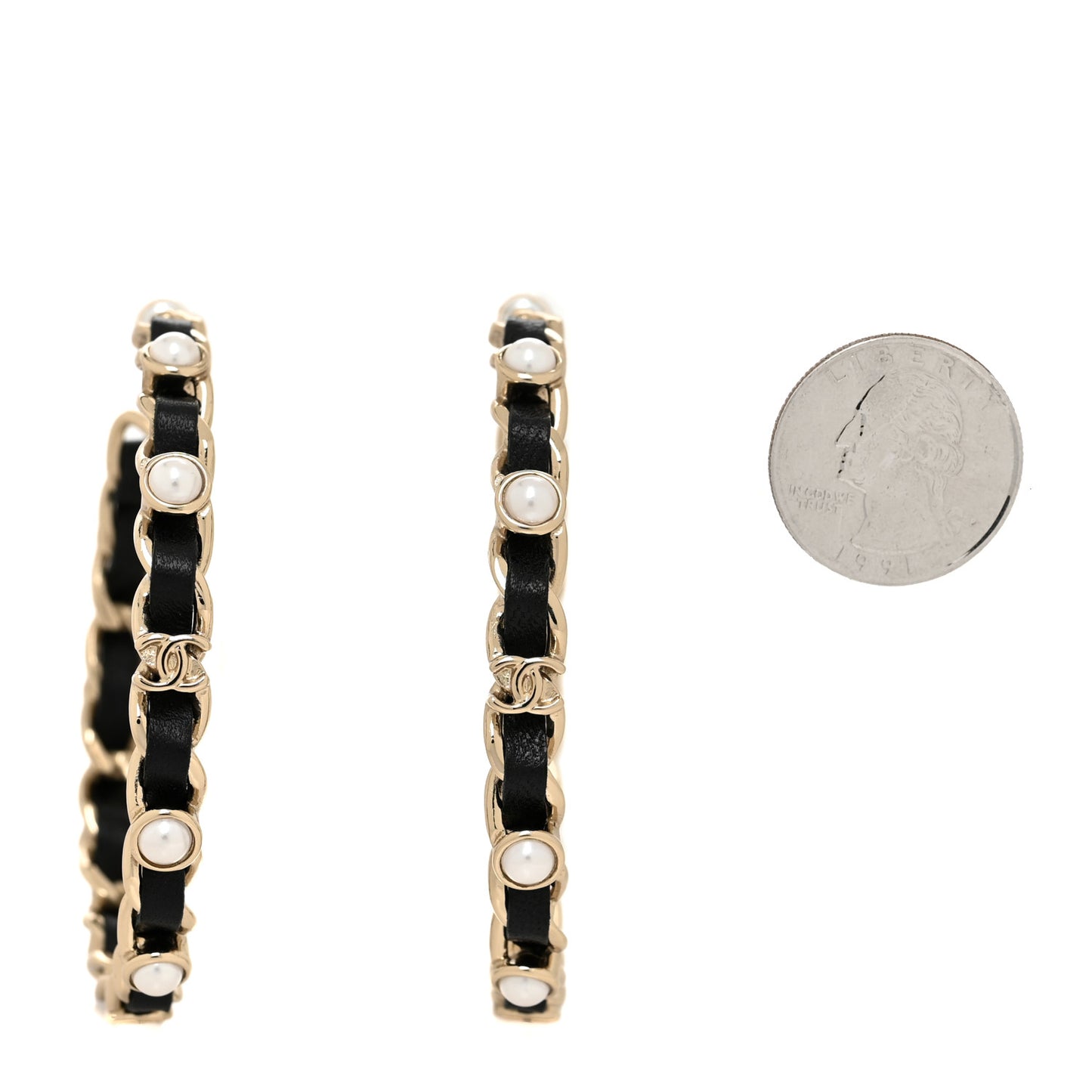 Lambskin Pearl CC Chain Hoop Earrings Gold Black