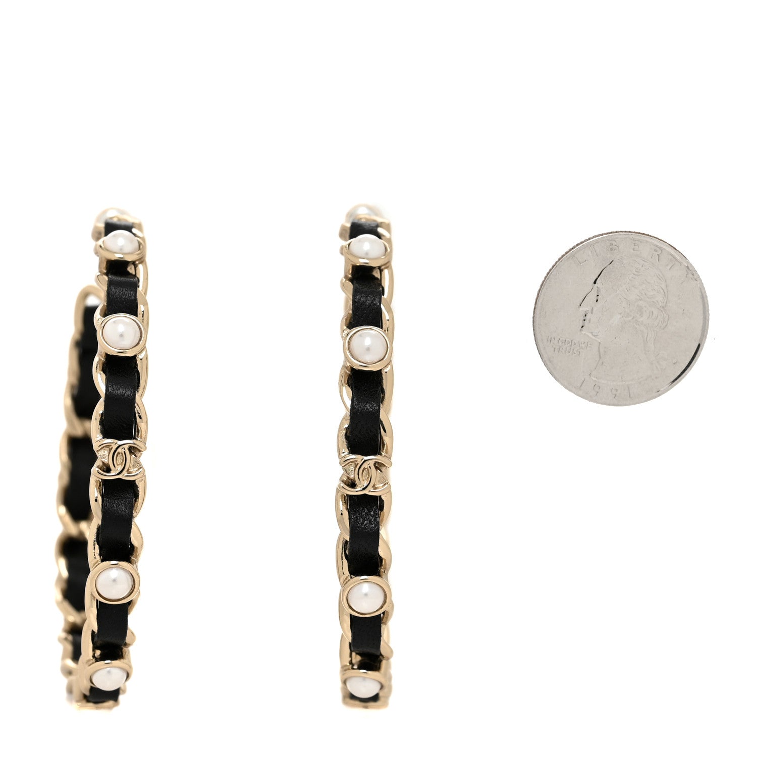 Chanel Lambskin Pearl CC Chain Hoop Earrings Gold Black 2 of 4