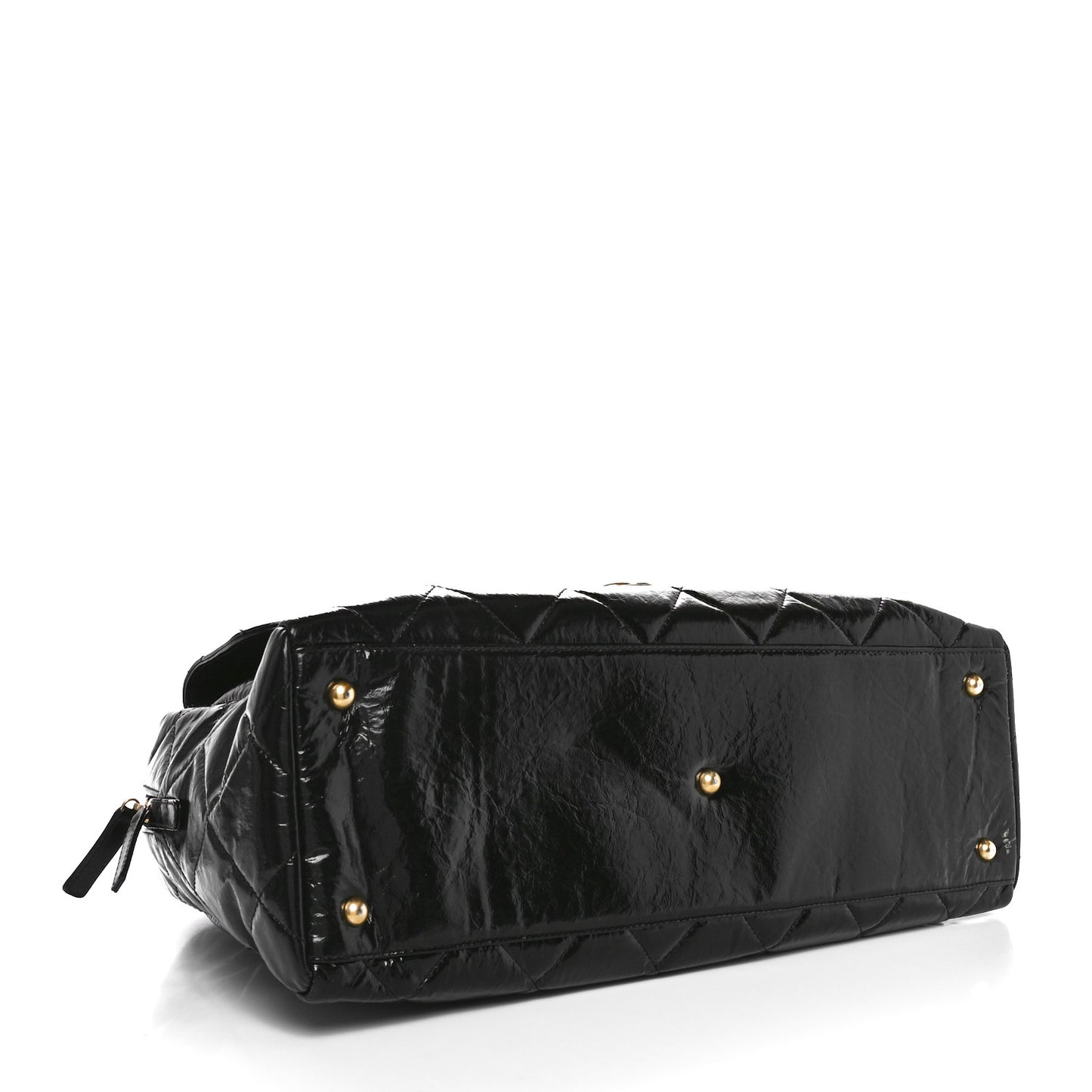 Shiny Crumpled Calfskin Quilted Maxi Bowling Bag Black