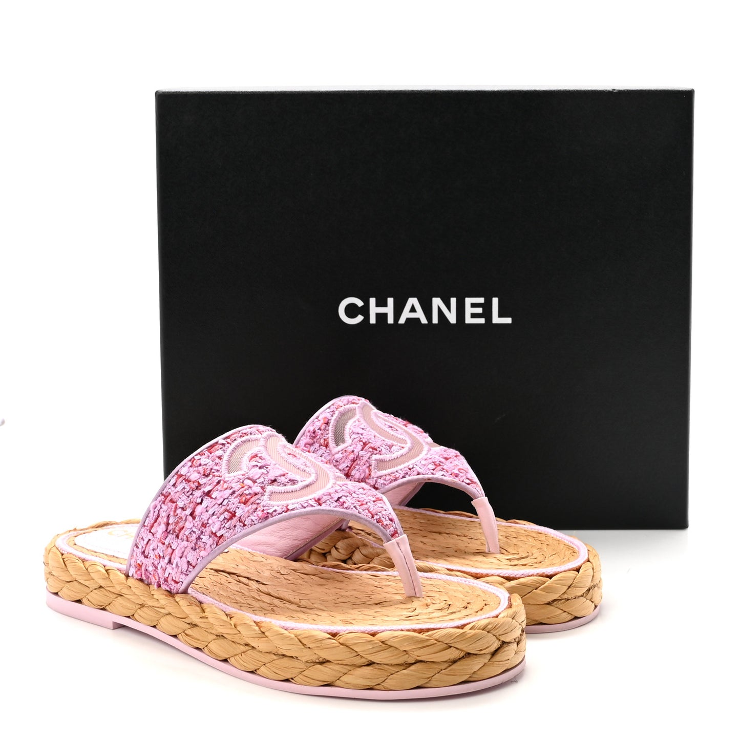 Tweed Mesh Satin CC Thong Sandals 37 Light Purple Pink Red