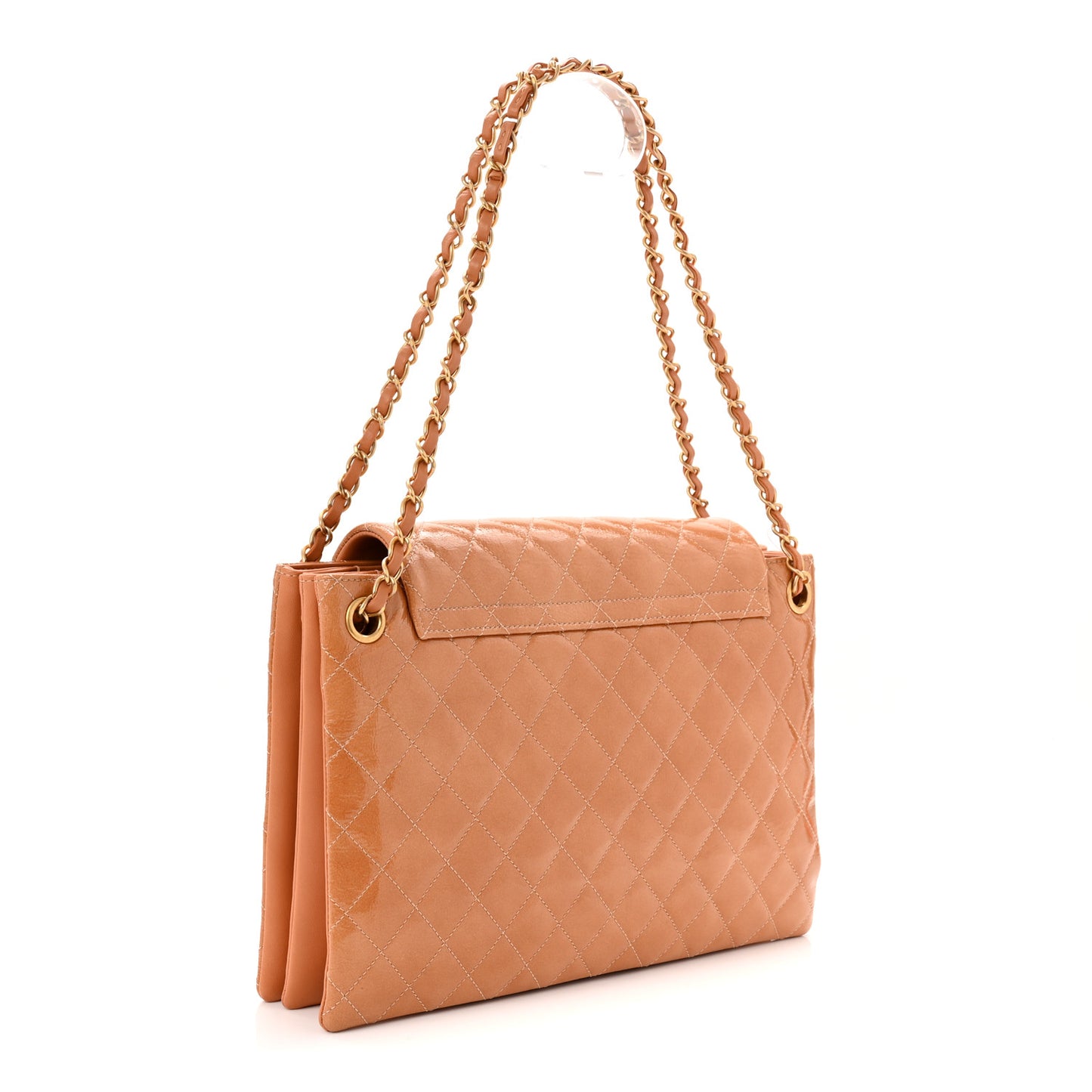 Patent Goatskin Quilted 3 Pocket Accordion Flap Beige