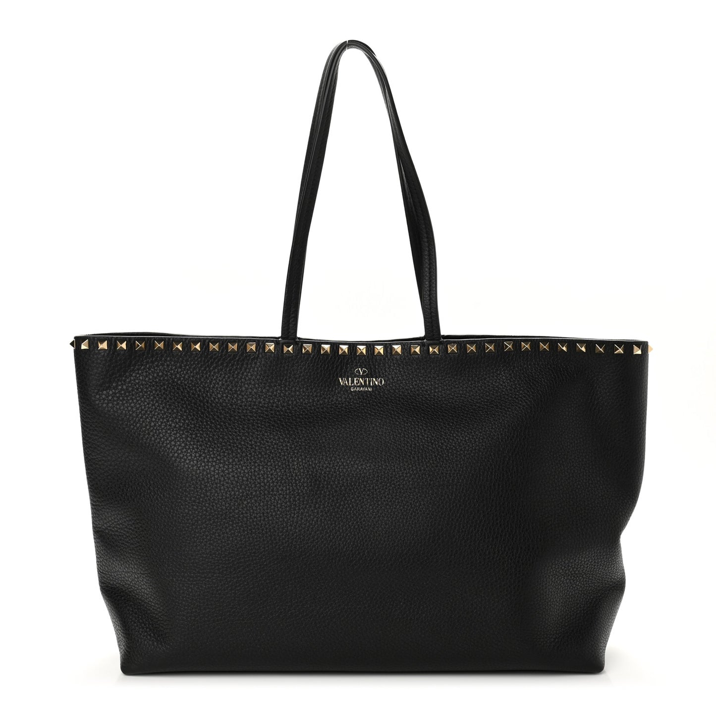 Grained Calfskin Rockstud Shoulder Tote Black