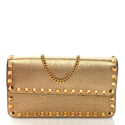Valentino Garavani Pebbled Calfskin Rockstud Flap Wallet On Chain Soft Gold 1 of 9