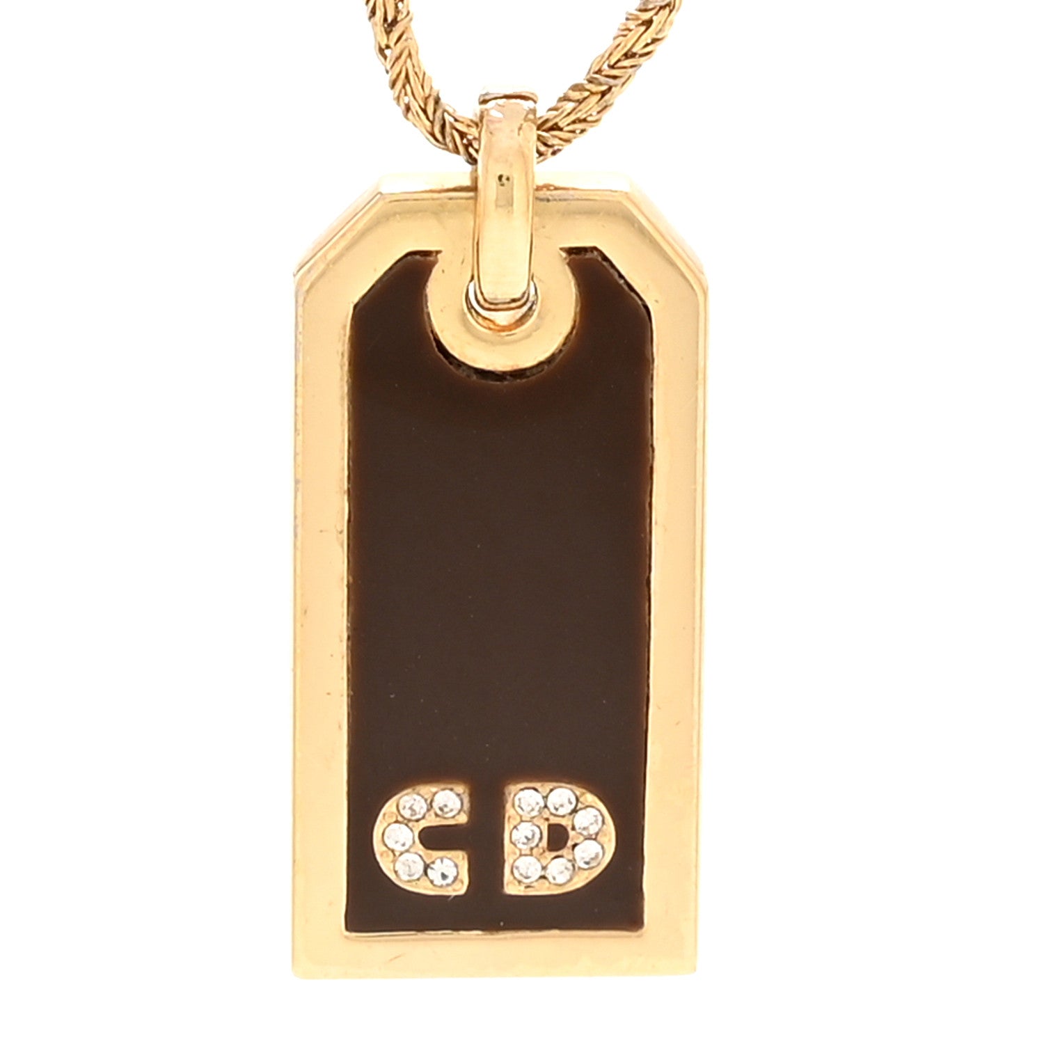 Christian Dior Metal Crystal Enamel CD Tag Necklace Gold Brown 4 of 5