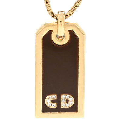 Christian Dior Metal Crystal Enamel CD Tag Necklace Gold Brown 4 of 5