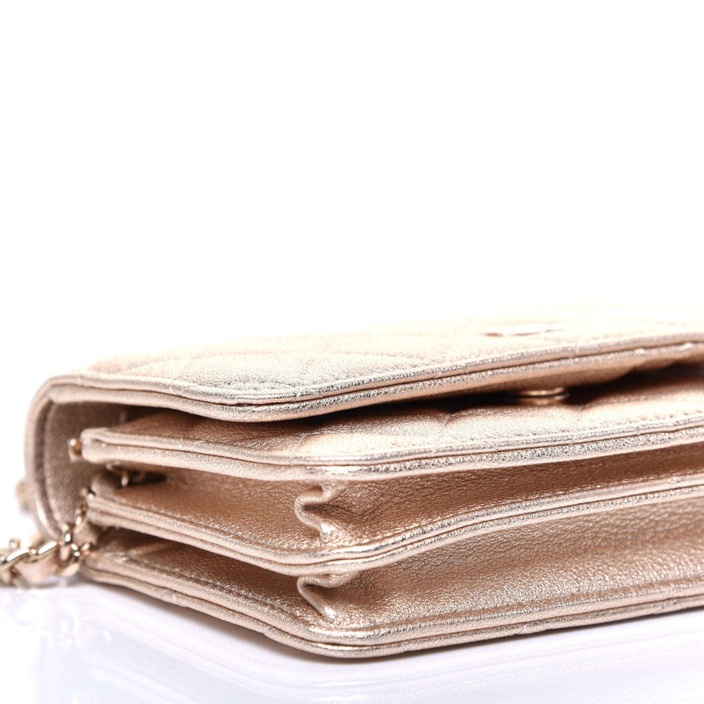 Metallic Lambskin Quilted Mini Wallet On Chain WOC Gold