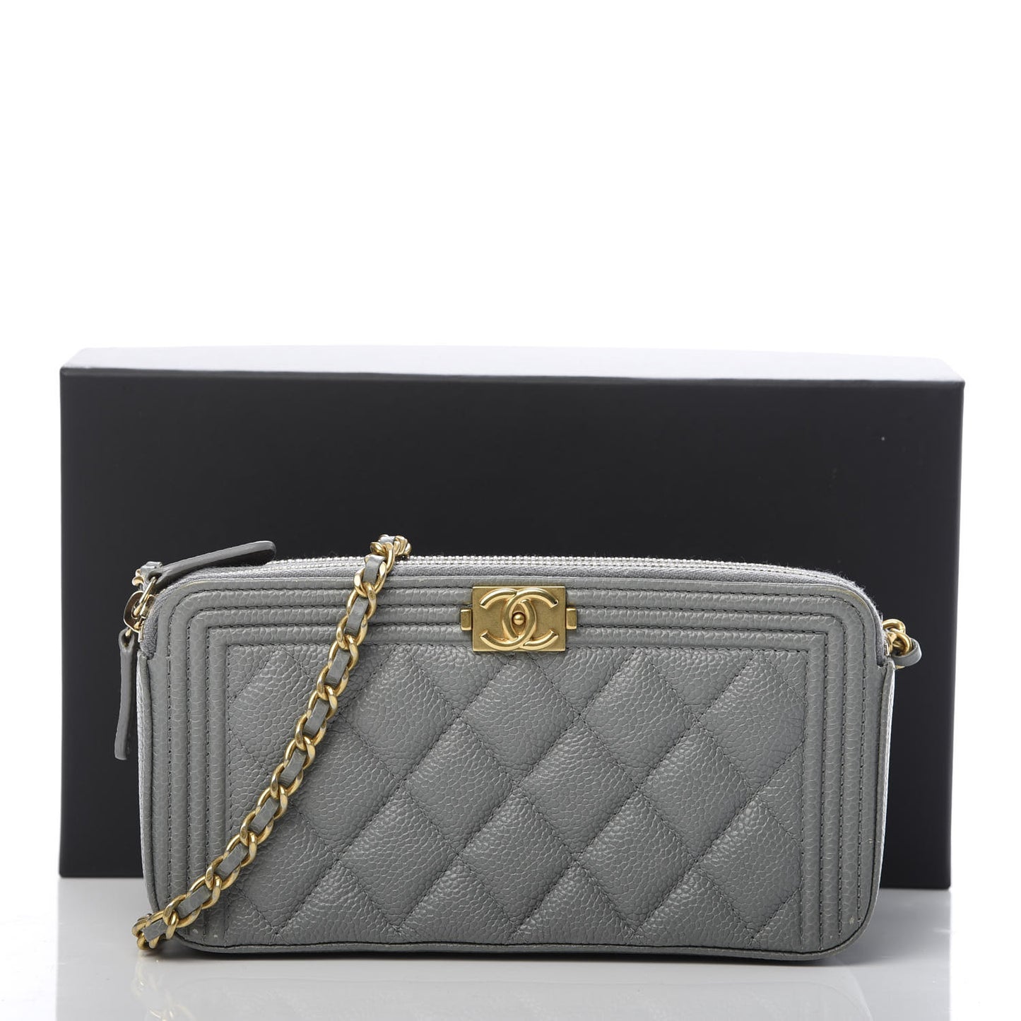 Caviar Quilted Small Boy Clutch With Chain Grey