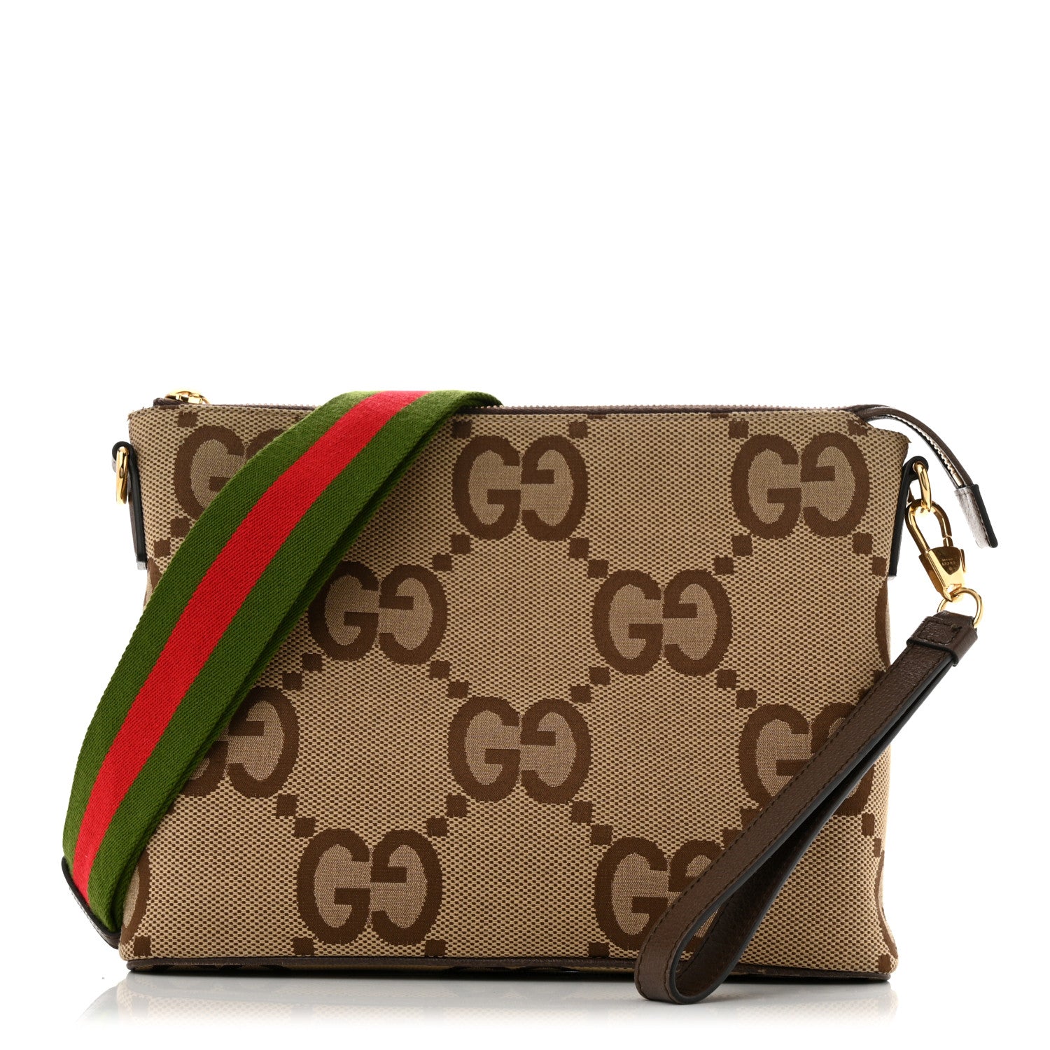 Gucci Monogram Jumbo GG Textured Dollar Calfskin Web Wristlet Messenger Bag Camel Ebony New Acero 1 of 15