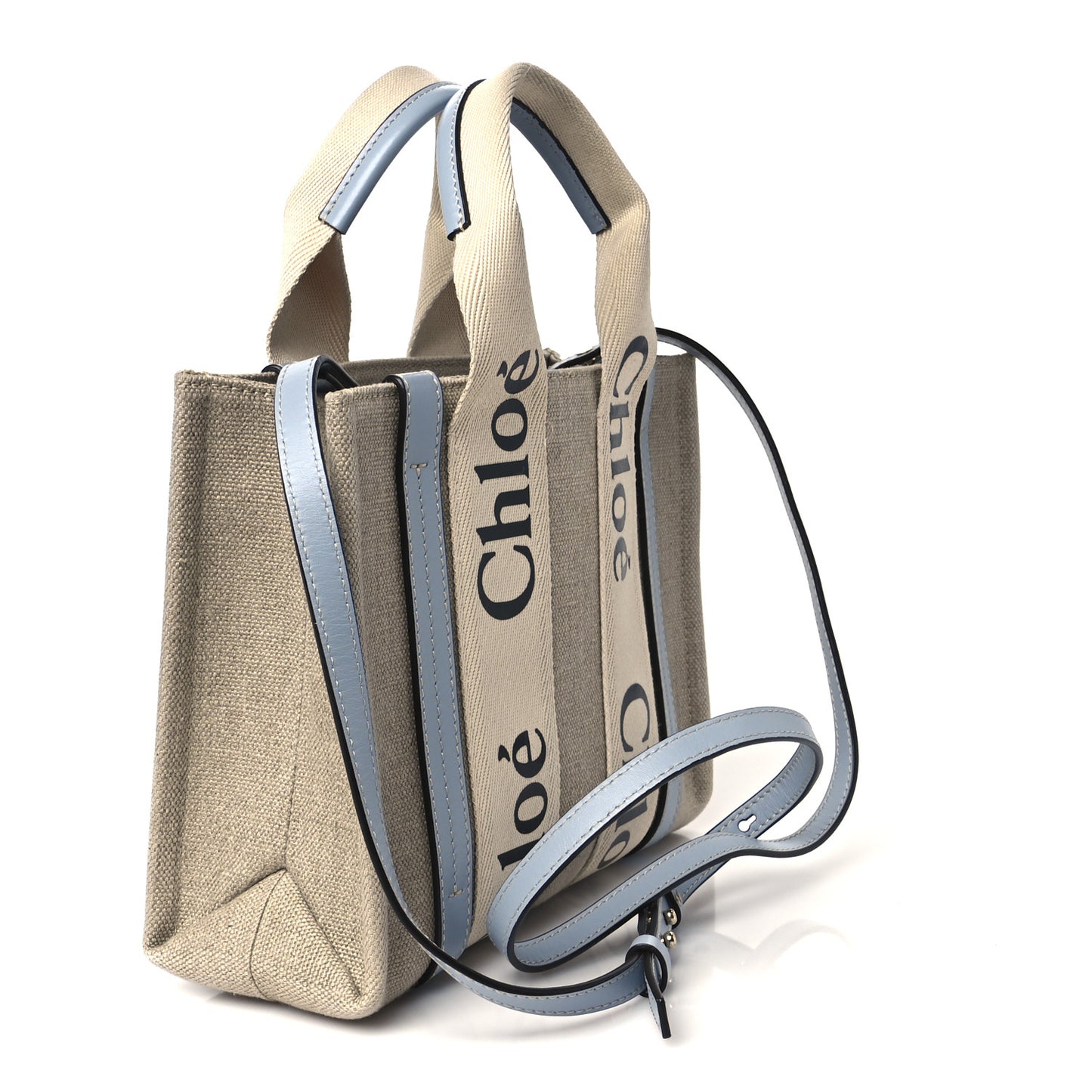 Cotton Calfskin Small Woody Ribbon Tote With Strap Light Blue
