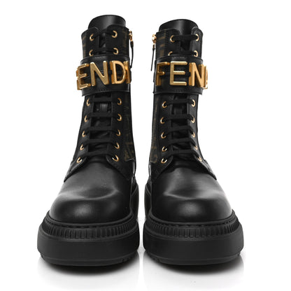 Fendi Vitello Fabric Jacquard FF Fendigraphy 50mm Biker Boots 39 Black Tobacco 2 of 7