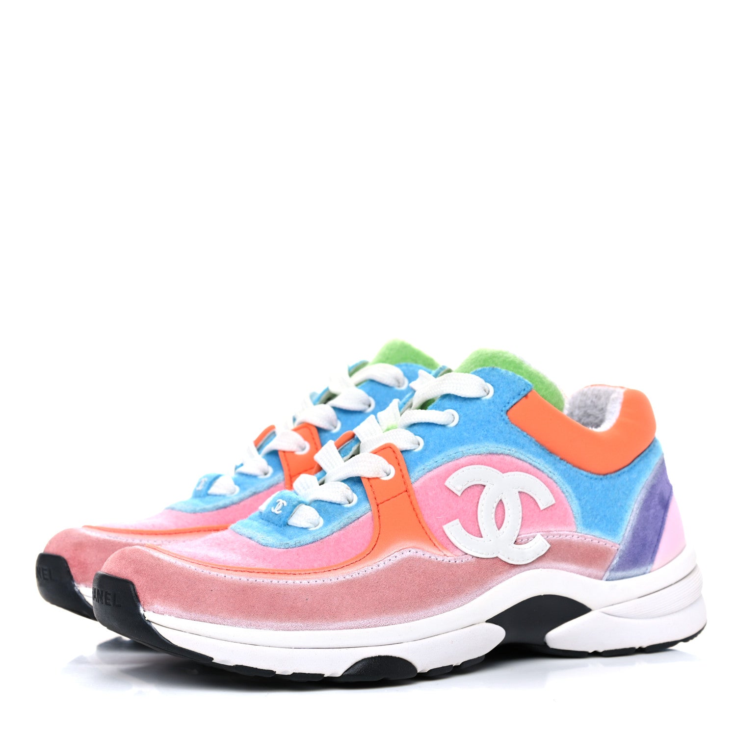 Chanel Fabric Calfskin Suede CC Womens Sneakers 37.5 White Multicolor 3 of 10