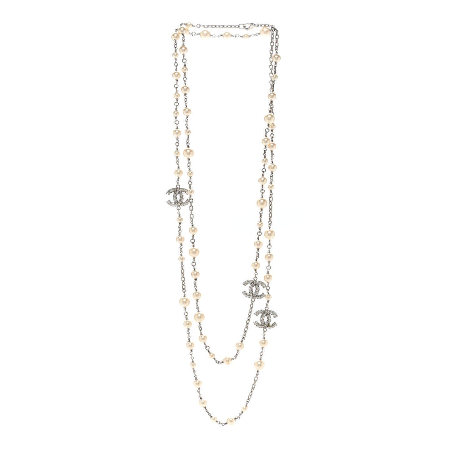 Pearl Baguette Crystal CC Long Necklace Silver