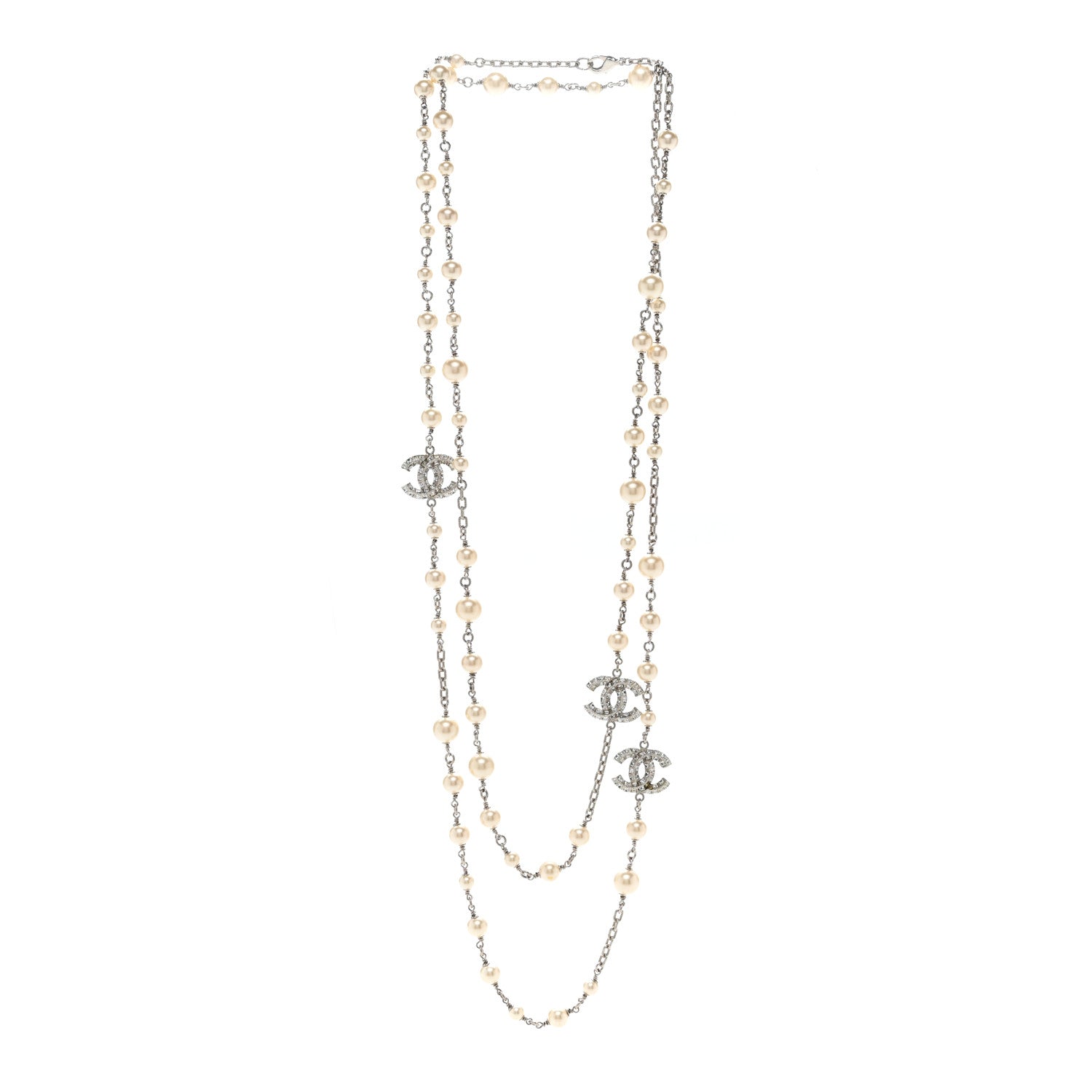 Chanel Pearl Baguette Crystal CC Long Necklace Silver 3 of 6