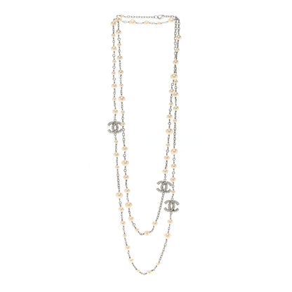 Chanel Pearl Baguette Crystal CC Long Necklace Silver 3 of 6